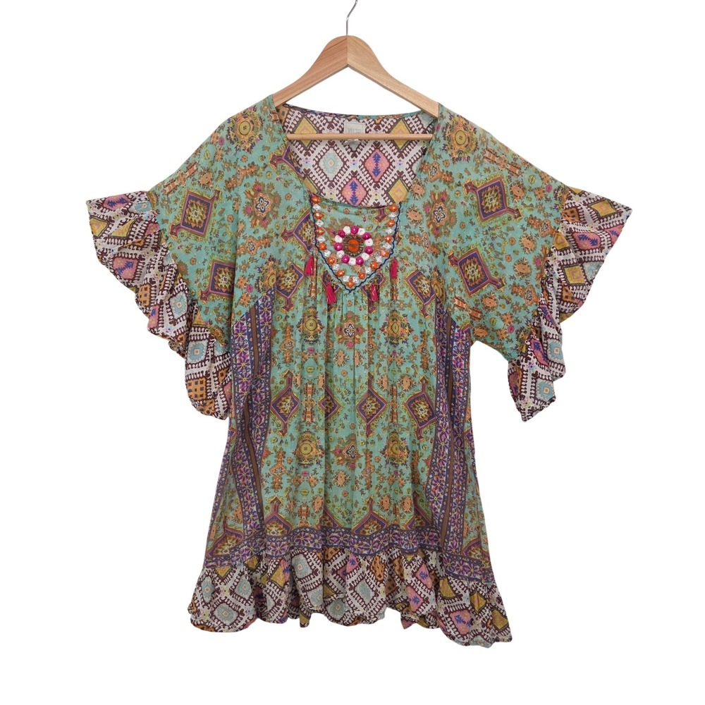 India Cotton Boho Tunic Dress Large Beaded Tassel Beachy Festival Top - Picture 2 of 11